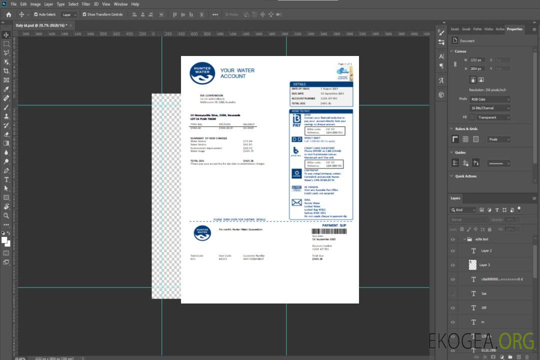 Facture commerciale du service public Hunter Water, SCR template Facture commerciale du service public Hunter Water, SCR template